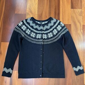 Talbots Black White Fair Isle Cardigan Sweater Classy Sz M